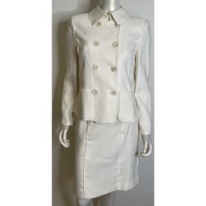 Oscar de la Renta Ivory Woven Cotton Skirt Suit 8 Italy Jacket Double Breasted